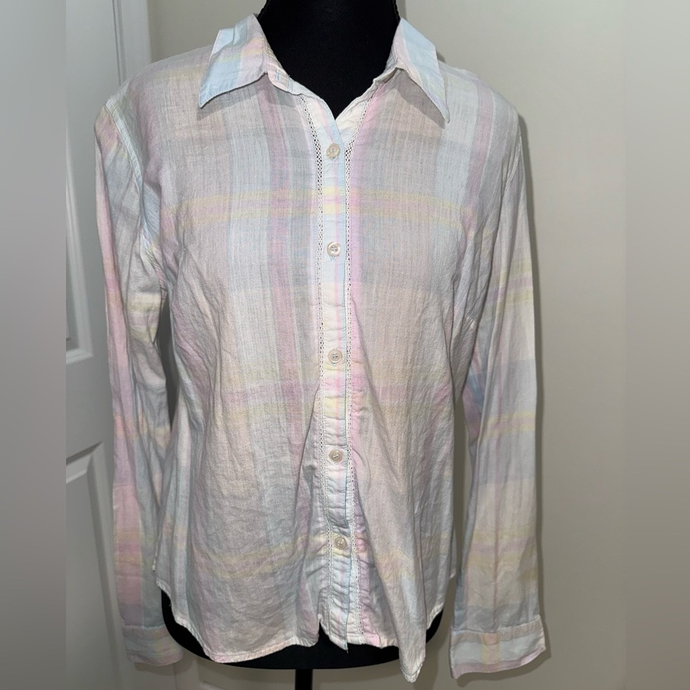 Plaid pale rainbow button-up blouse